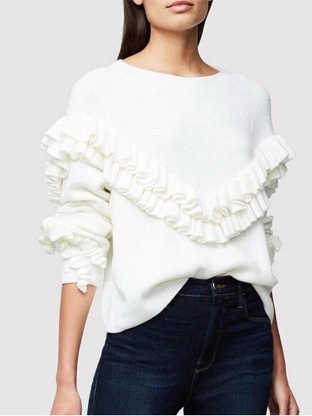 FRAME Ruffle Yoke Ribbed Sweater Off White size M